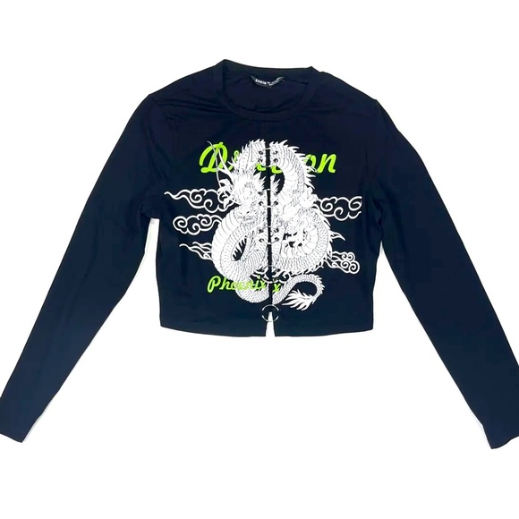 Shein Dragon Shirt Women’s Large Dragon Phoenix Cropped Pullover Goth Black - Picture 1 of 9